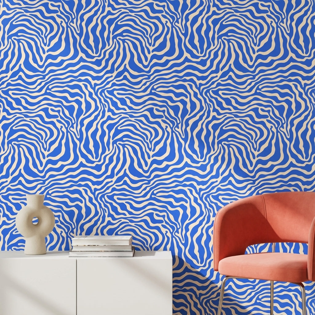 Mavi Beyaz Dalgalı Soyut Duvar Kağıdı Modern Salon