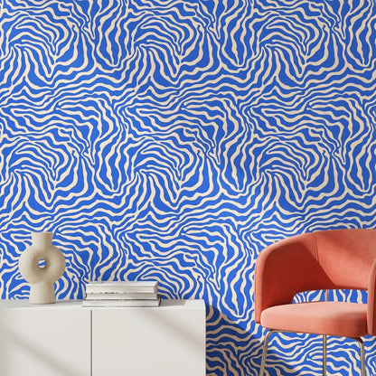 Mavi Beyaz Dalgalı Soyut Duvar Kağıdı Modern Salon