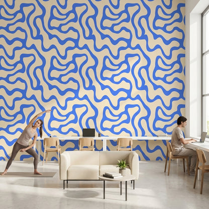 Mavi Soyut Dalgalı Duvar Kağıdı Modern Salon Desenli