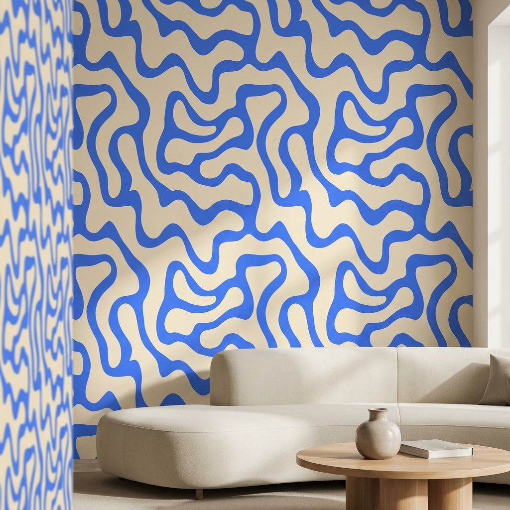 Mavi Soyut Dalgalı Duvar Kağıdı Modern Salon Desenli