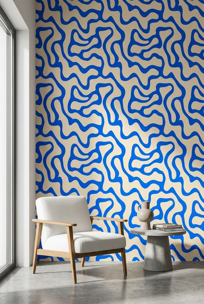 Mavi Soyut Dalgalı Duvar Kağıdı Modern Salon Desenli