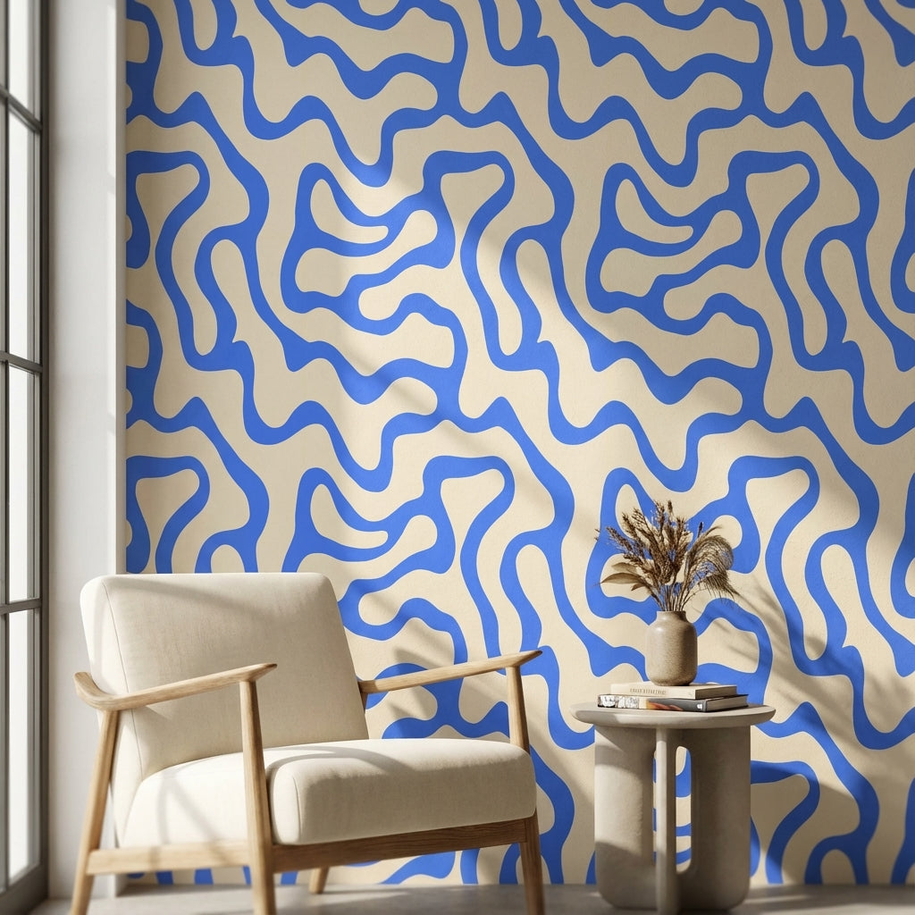 Mavi Soyut Dalgalı Duvar Kağıdı Modern Salon Desenli