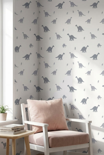 Gri Dinozor Desenli Duvar Kağıdı Çocuk Odası Minimal