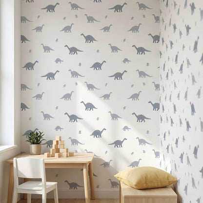 Gri Dinozor Desenli Duvar Kağıdı Çocuk Odası Minimal