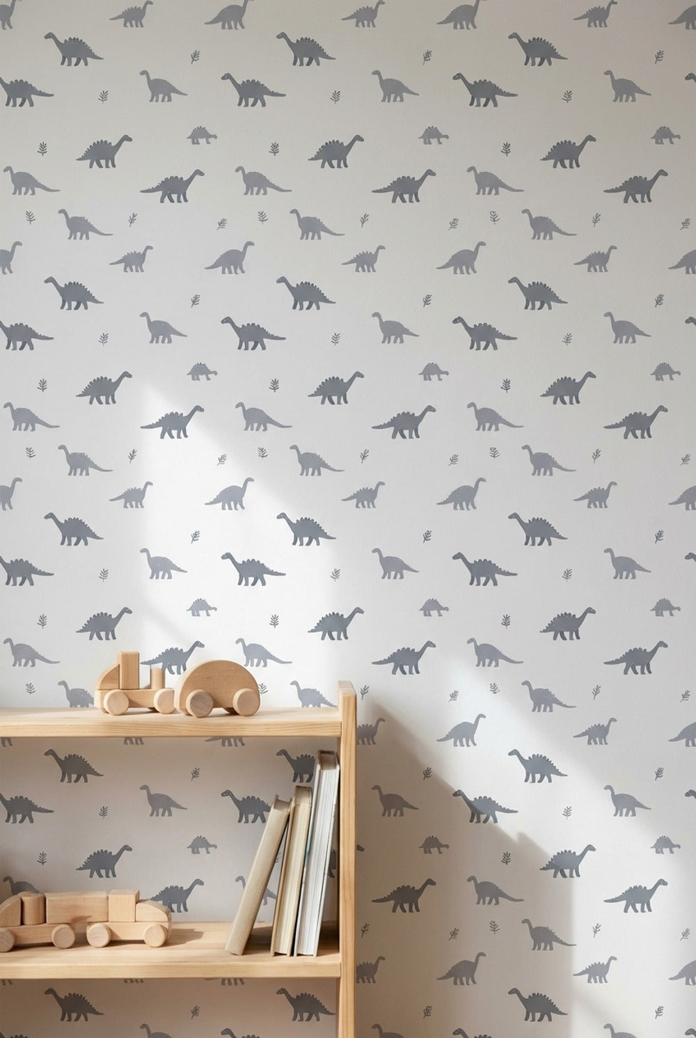 Gri Dinozor Desenli Duvar Kağıdı Çocuk Odası Minimal