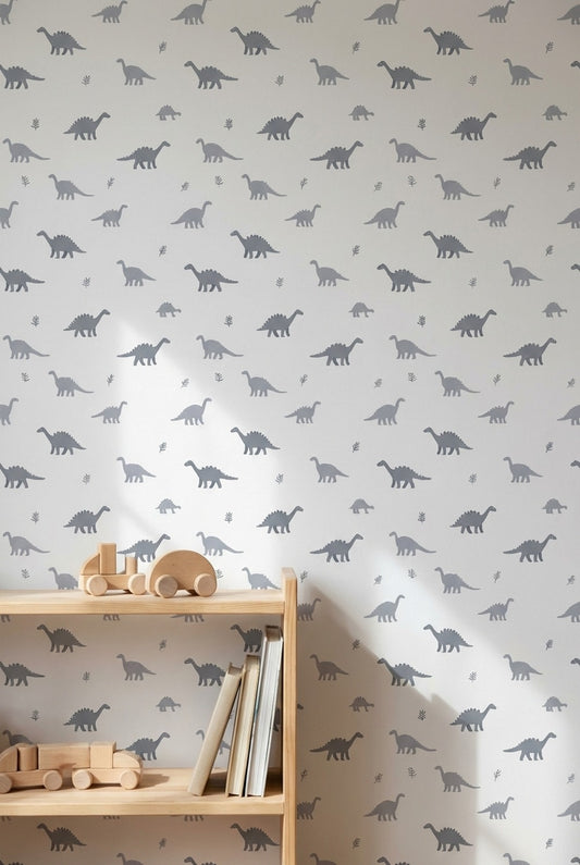 Gri Dinozor Desenli Duvar Kağıdı Çocuk Odası Minimal