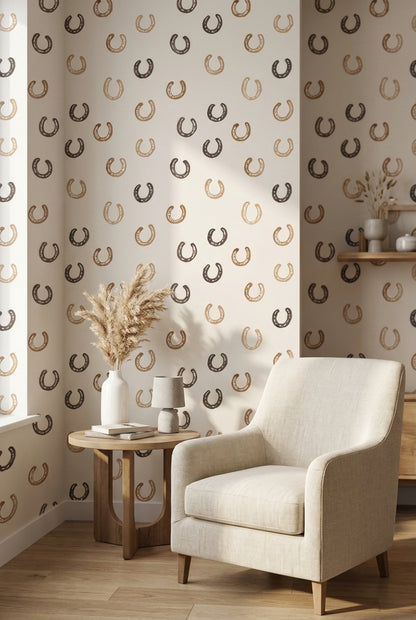 At Nalı Desenli Duvar Kağıdı Bej Kahverengi Minimal Salon