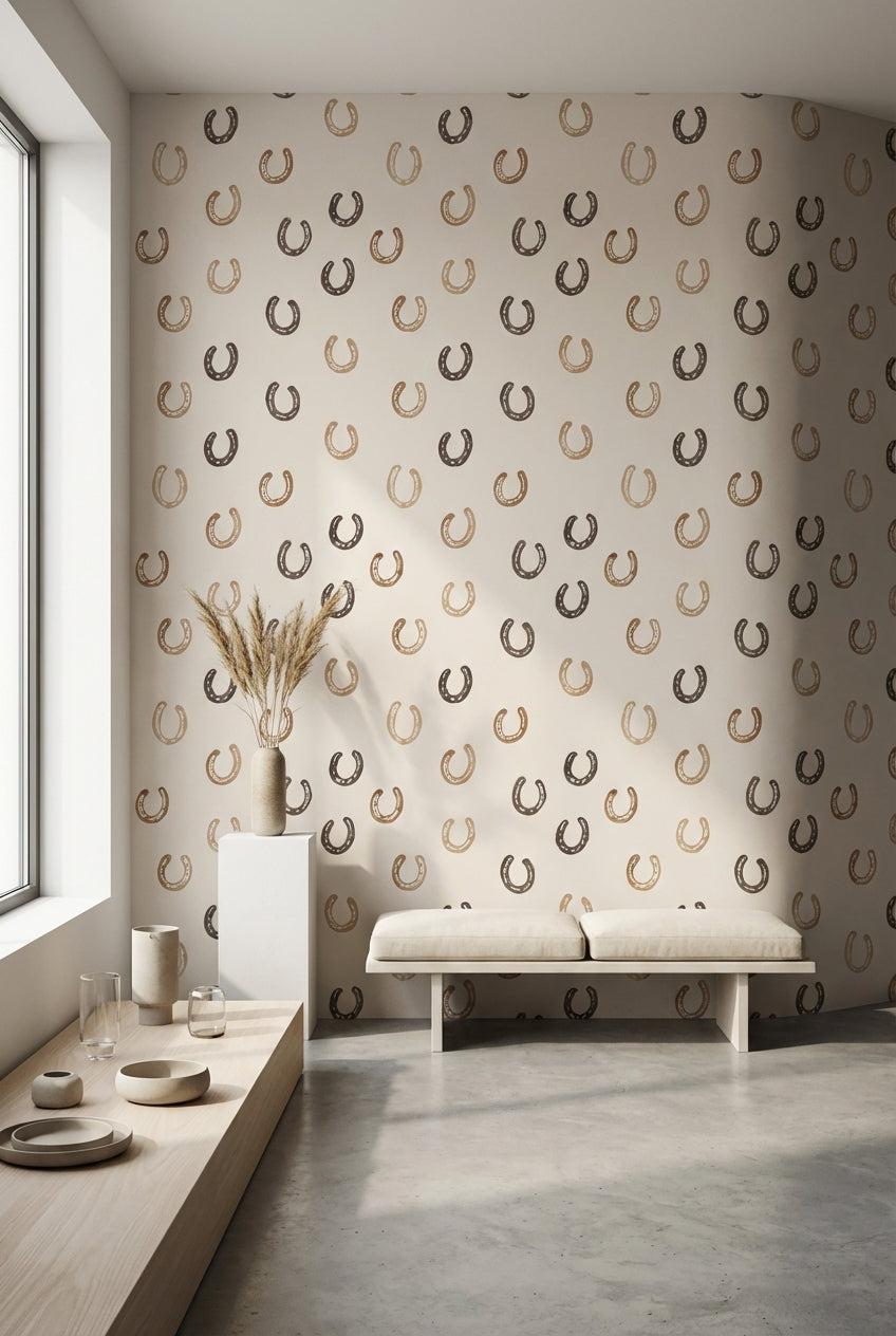 At Nalı Desenli Duvar Kağıdı Bej Kahverengi Minimal Salon