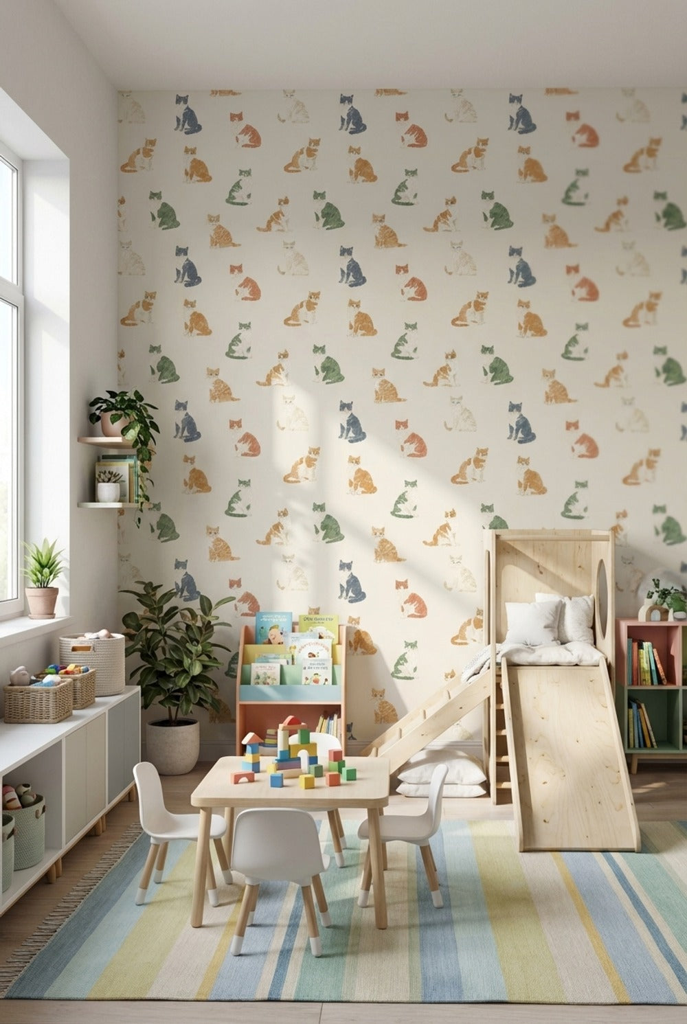 Kedili Duvar Kağıdı Renkli Minimal Desenli Çocuk Odası