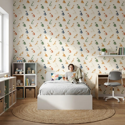Kedili Duvar Kağıdı Renkli Minimal Desenli Çocuk Odası
