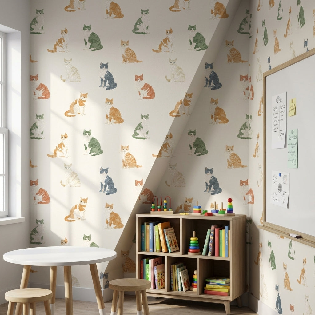 Kedili Duvar Kağıdı Renkli Minimal Desenli Çocuk Odası