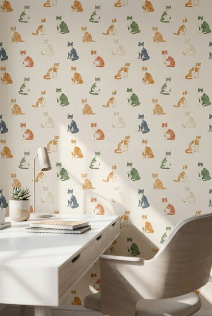 Kedili Duvar Kağıdı Renkli Minimal Desenli Çocuk Odası