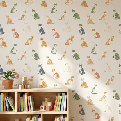 Kedili Duvar Kağıdı Renkli Minimal Desenli Çocuk Odası