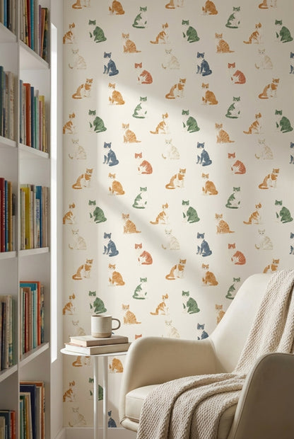 Kedili Duvar Kağıdı Renkli Minimal Desenli Çocuk Odası