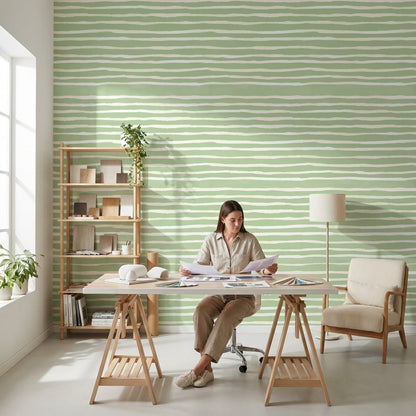 Yeşil Beyaz Çizgili Duvar Kağıdı Minimal Modern Salon