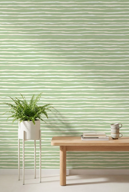 Yeşil Beyaz Çizgili Duvar Kağıdı Minimal Modern Salon