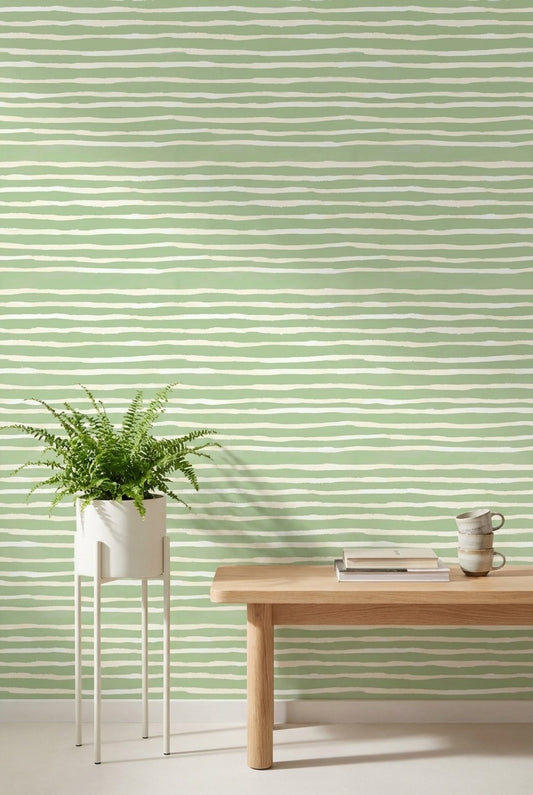 Yeşil Beyaz Çizgili Duvar Kağıdı Minimal Modern Salon