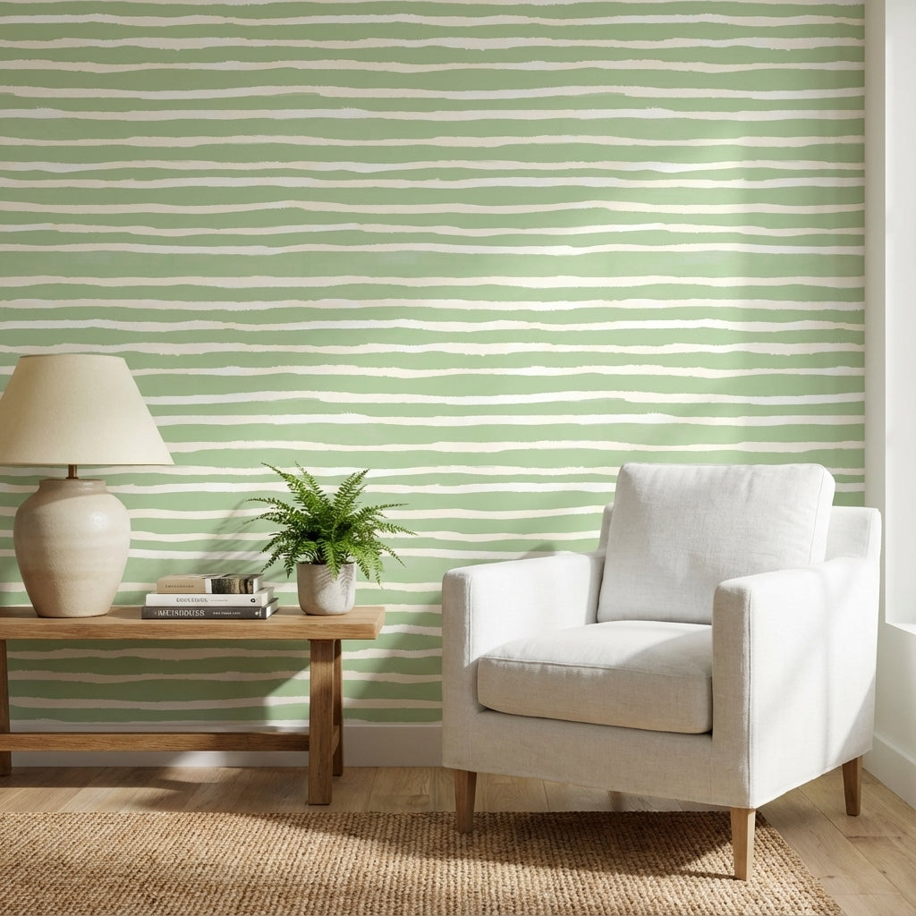 Yeşil Beyaz Çizgili Duvar Kağıdı Minimal Modern Salon