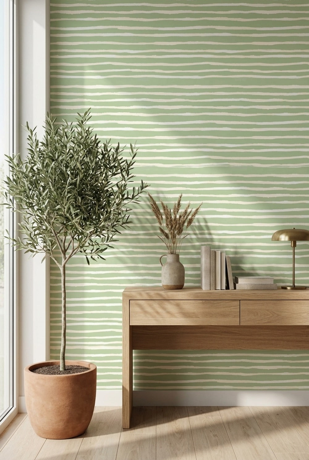 Yeşil Beyaz Çizgili Duvar Kağıdı Minimal Modern Salon