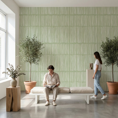 Yeşil Çizgili Geometrik Duvar Kağıdı Modern Çalışma Odası