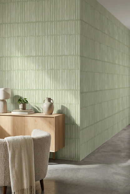 Yeşil Çizgili Geometrik Duvar Kağıdı Modern Çalışma Odası