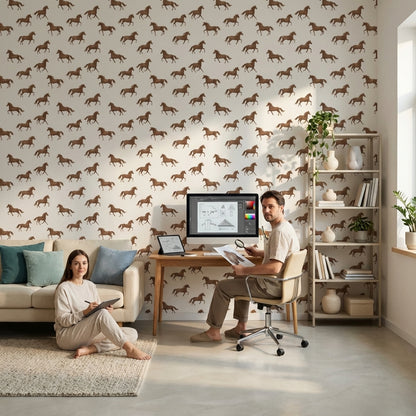Koşan At Desenli Duvar Kağıdı Bej Kahverengi Modern