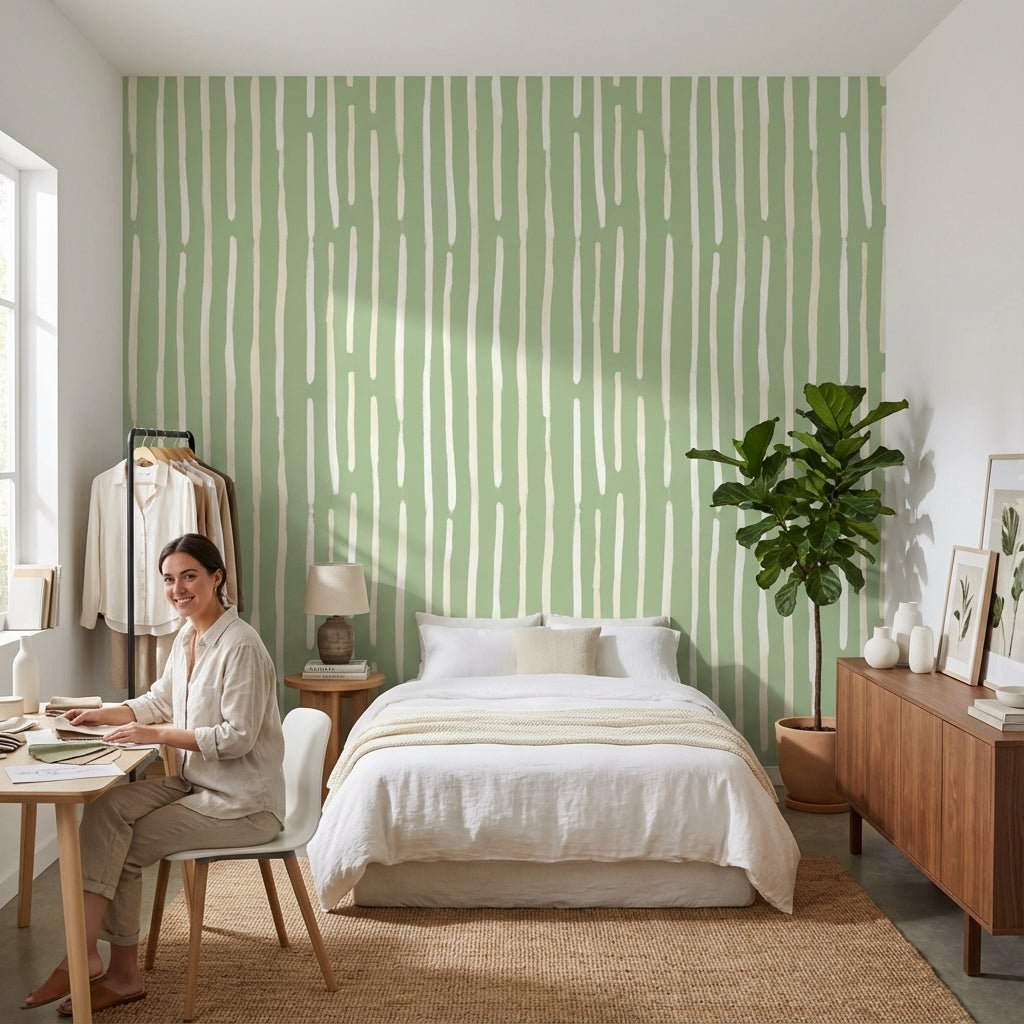 Yeşil Çizgili Duvar Kağıdı Modern Minimal Salon Duvarı