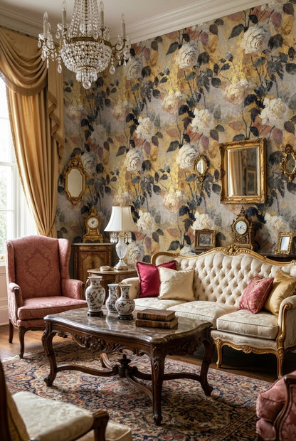 Vintage Güllü Duvar Kağıdı Altın Tonlu Çiçek Desenli Salon