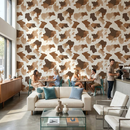 İnek Desenli Duvar Kağıdı Kahverengi Bej Modern Salon