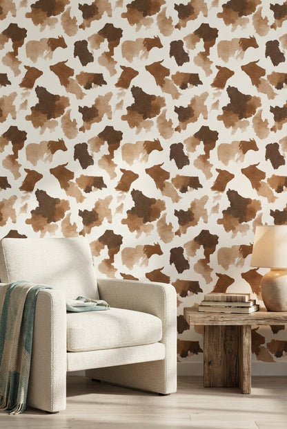 İnek Desenli Duvar Kağıdı Kahverengi Bej Modern Salon
