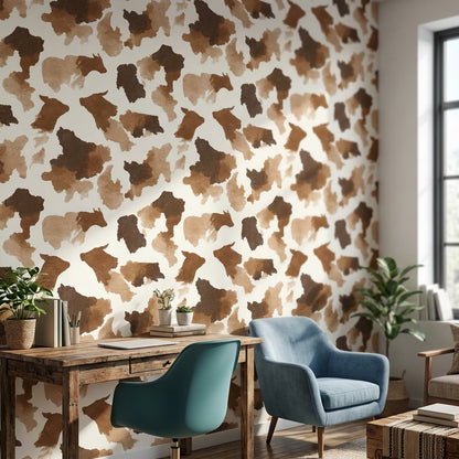 İnek Desenli Duvar Kağıdı Kahverengi Bej Modern Salon