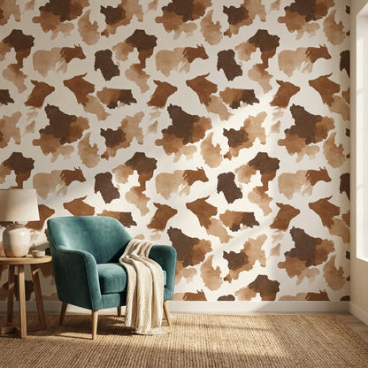 İnek Desenli Duvar Kağıdı Kahverengi Bej Modern Salon