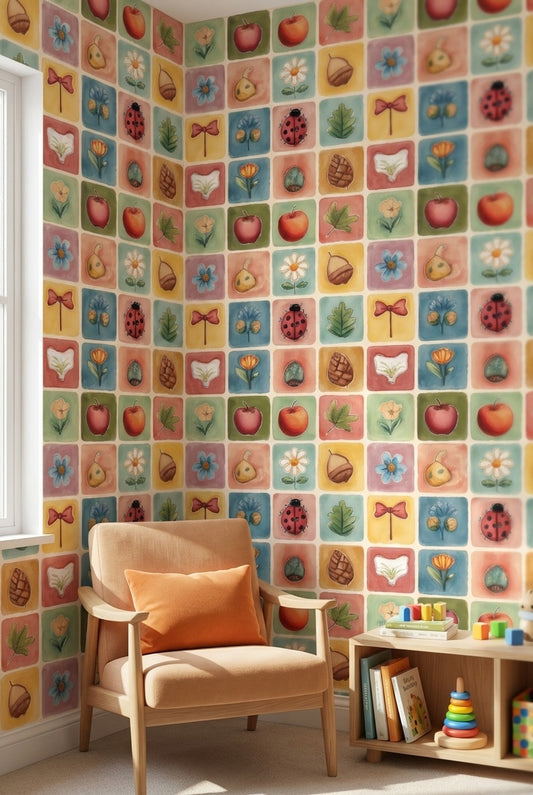 Pastel Kare Desenli Duvar Kağıdı Uğur Böceği Çocuk Odası