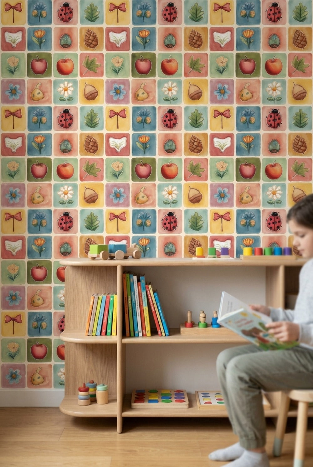Pastel Kare Desenli Duvar Kağıdı Uğur Böceği Çocuk Odası