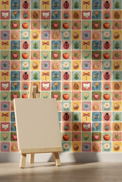 Pastel Kare Desenli Duvar Kağıdı Uğur Böceği Çocuk Odası