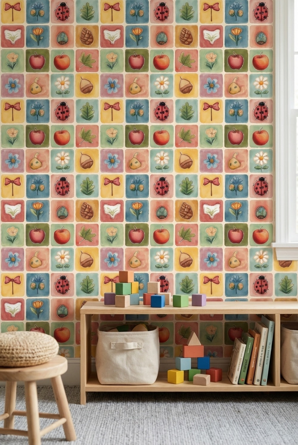 Pastel Kare Desenli Duvar Kağıdı Uğur Böceği Çocuk Odası