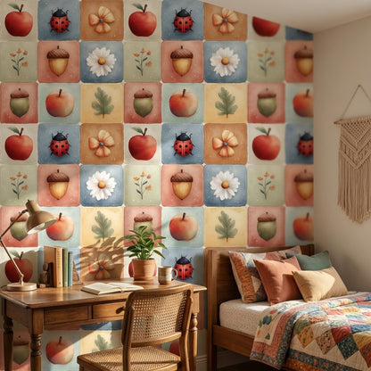 Elma ve Uğur Böcekli Duvar Kağıdı Pastel Kare Desen