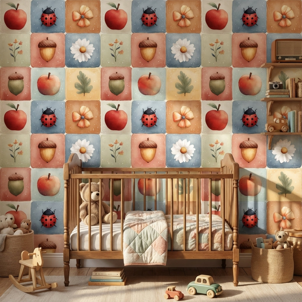 Elma ve Uğur Böcekli Duvar Kağıdı Pastel Kare Desen