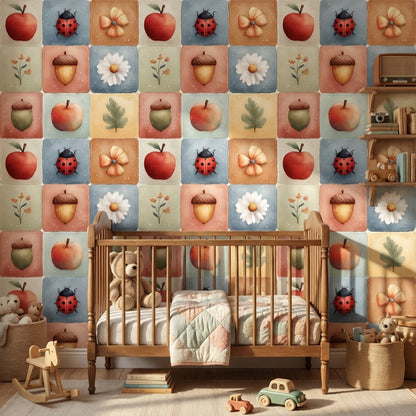 Elma ve Uğur Böcekli Duvar Kağıdı Pastel Kare Desen