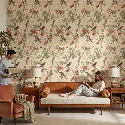 Kuş ve Çiçek Desenli Duvar Kağıdı Krem Vintage Salon