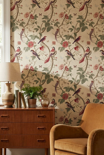Kuş ve Çiçek Desenli Duvar Kağıdı Krem Vintage Salon