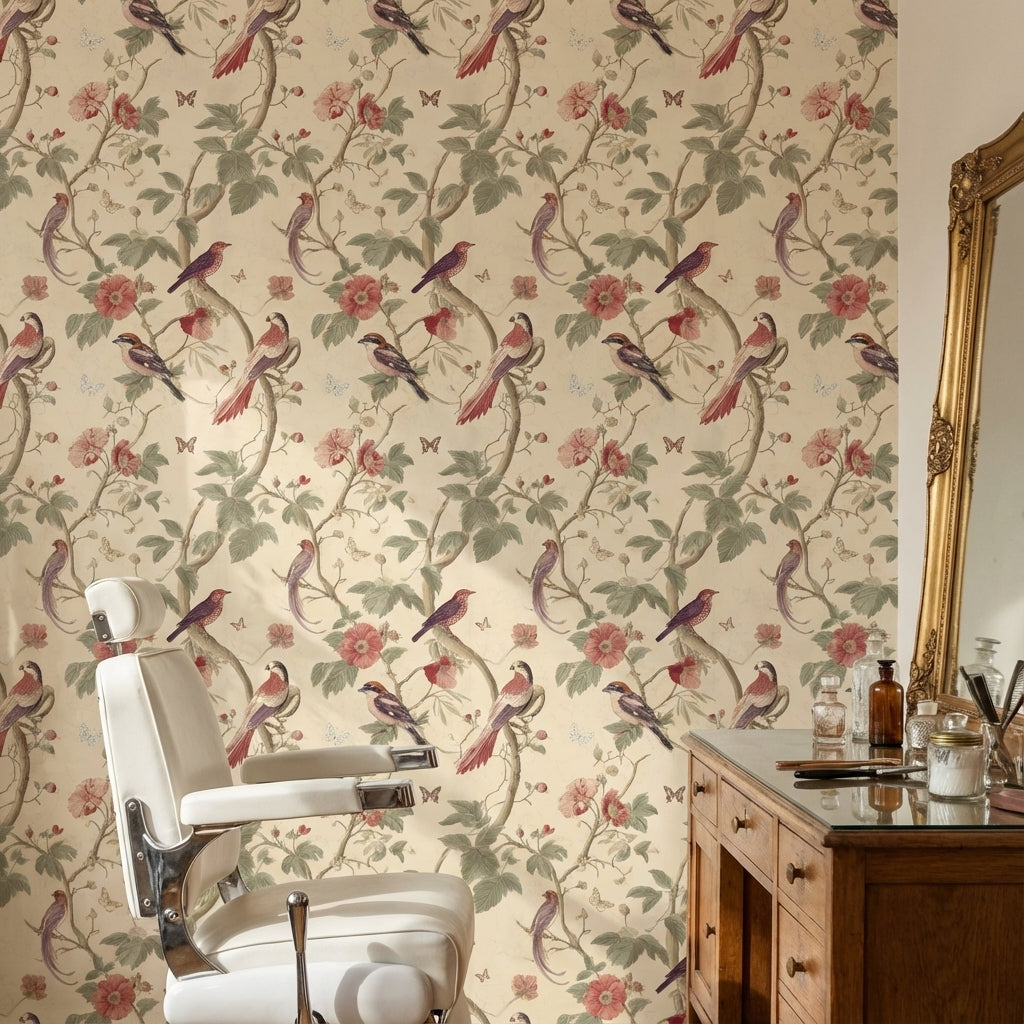 Kuş ve Çiçek Desenli Duvar Kağıdı Krem Vintage Salon