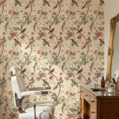 Kuş ve Çiçek Desenli Duvar Kağıdı Krem Vintage Salon