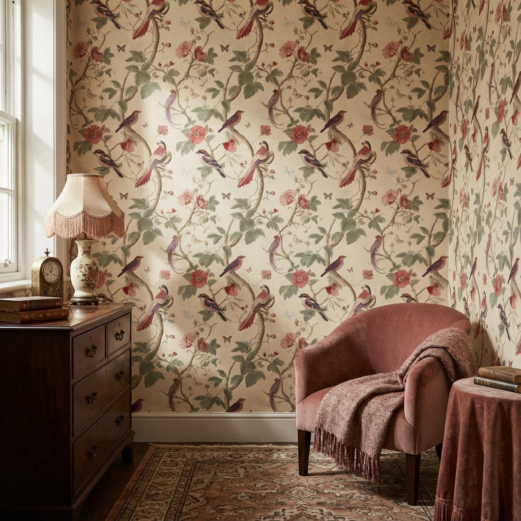 Kuş ve Çiçek Desenli Duvar Kağıdı Krem Vintage Salon