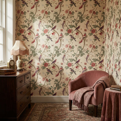 Kuş ve Çiçek Desenli Duvar Kağıdı Krem Vintage Salon