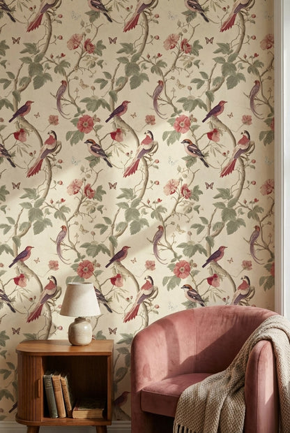 Kuş ve Çiçek Desenli Duvar Kağıdı Krem Vintage Salon
