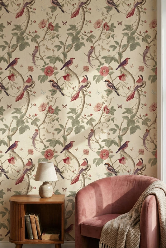 Kuş ve Çiçek Desenli Duvar Kağıdı Krem Vintage Salon