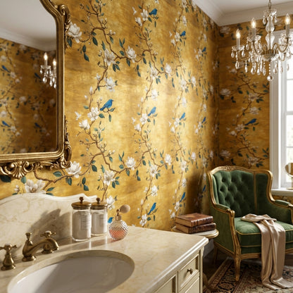 Çiçekli Kuş Desenli Duvar Kağıdı Hardal Sarı Salon