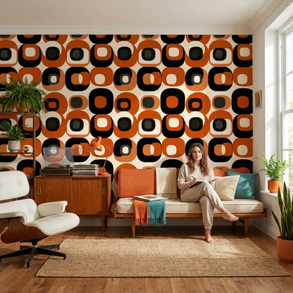 Retro Geometrik Duvar Kağıdı Turuncu Siyah Desenli Salon