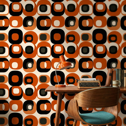 Retro Geometrik Duvar Kağıdı Turuncu Siyah Desenli Salon